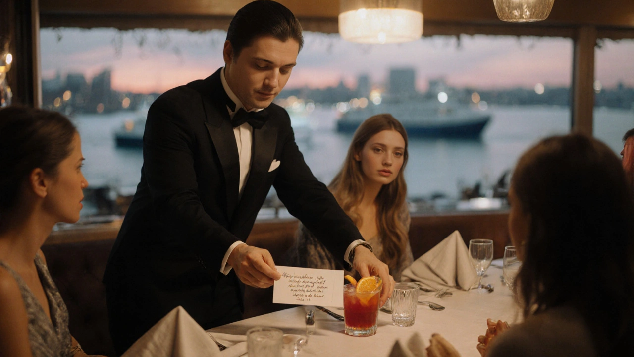 A bartender handing a handwritten cocktail card to women at a quiet rooftop bar.