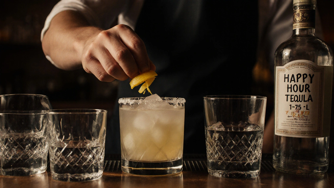 A bartender making a premium margarita during happy hour, with quality tequila and a generous tip on the counter.