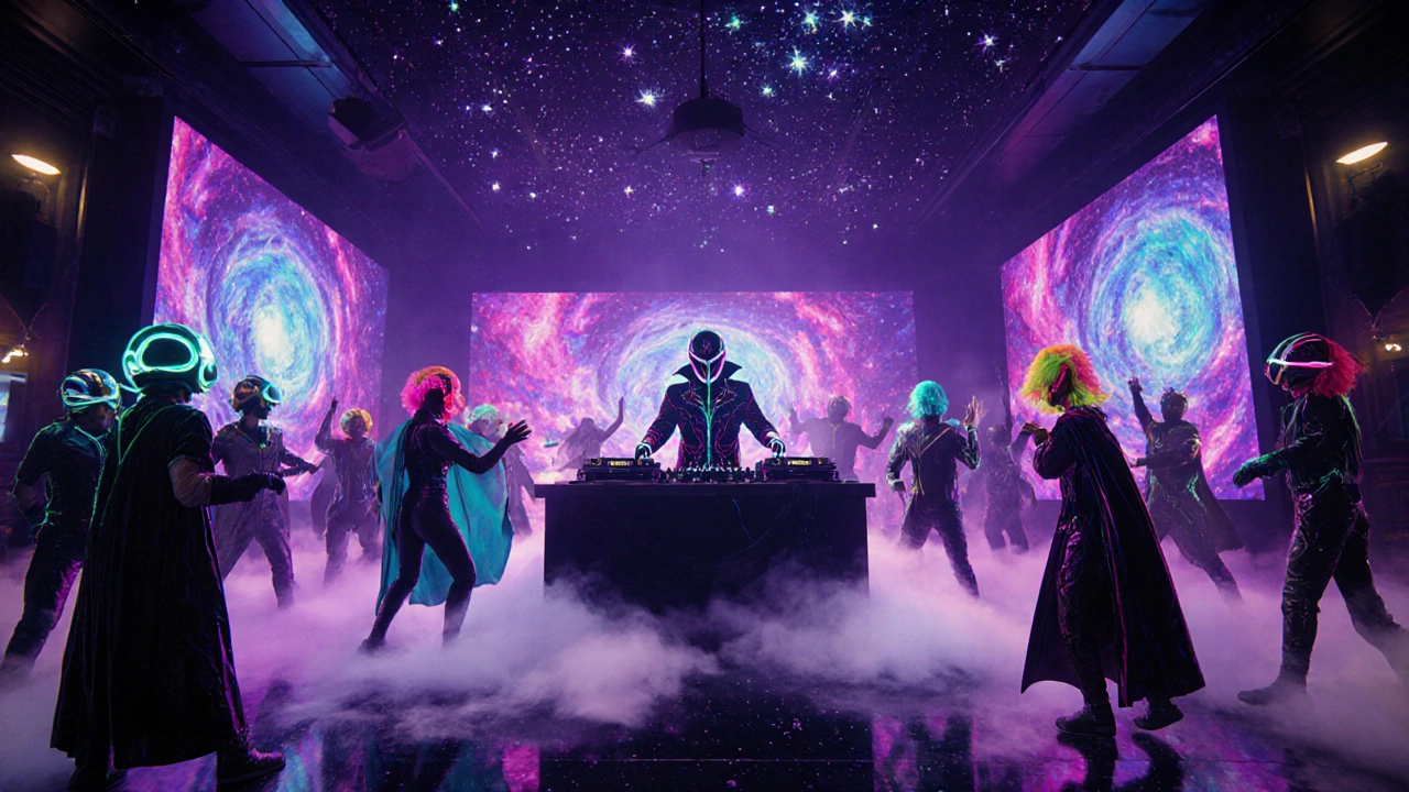 A glowing underground club with dancers in costumes under cosmic LED lights and misty floors.