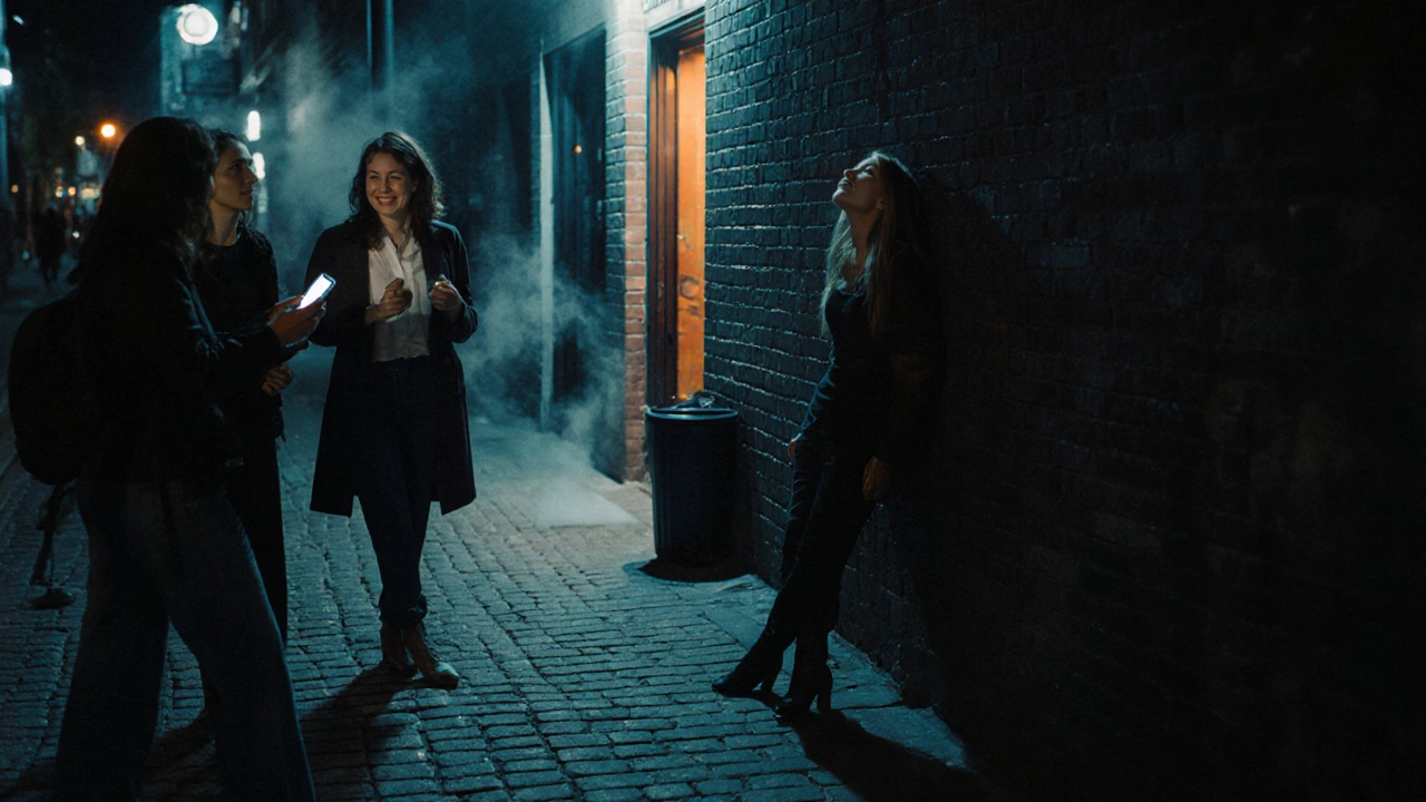 A group of women chatting in a quiet alley behind a music venue at night, lit by soft streetlight and a glowing phone.