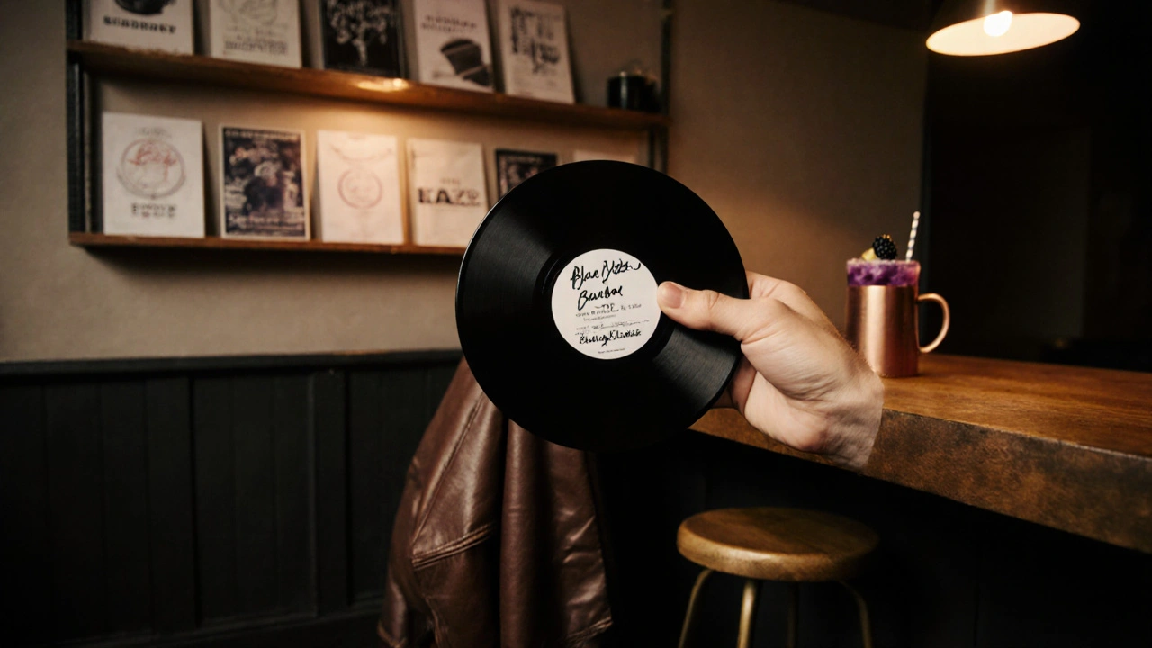 A handwritten vinyl record and cocktail on a wooden counter at a music venue&#039;s merch table, with posters in the background.