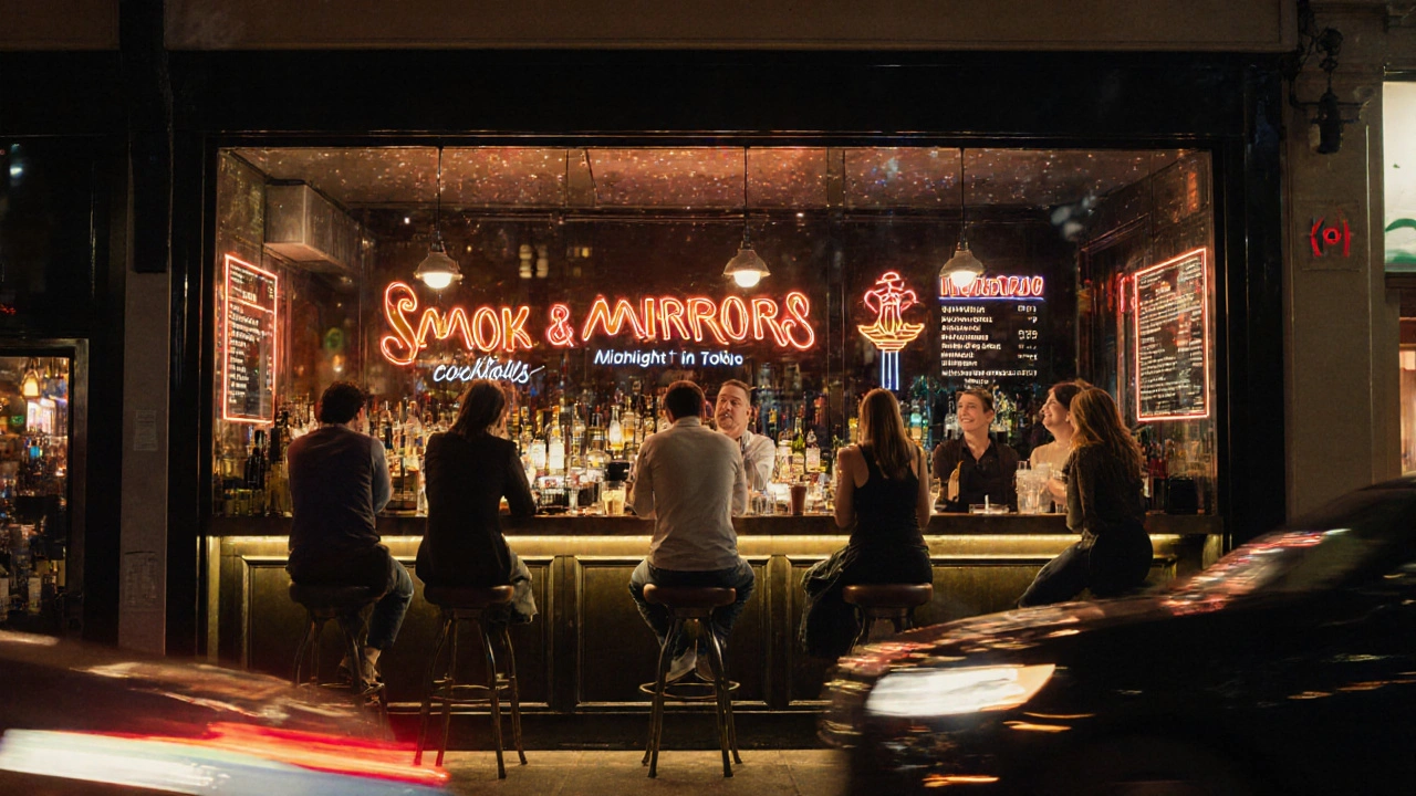 A lively cocktail bar with glass windows, neon signs, and patrons enjoying drinks on a busy city street.