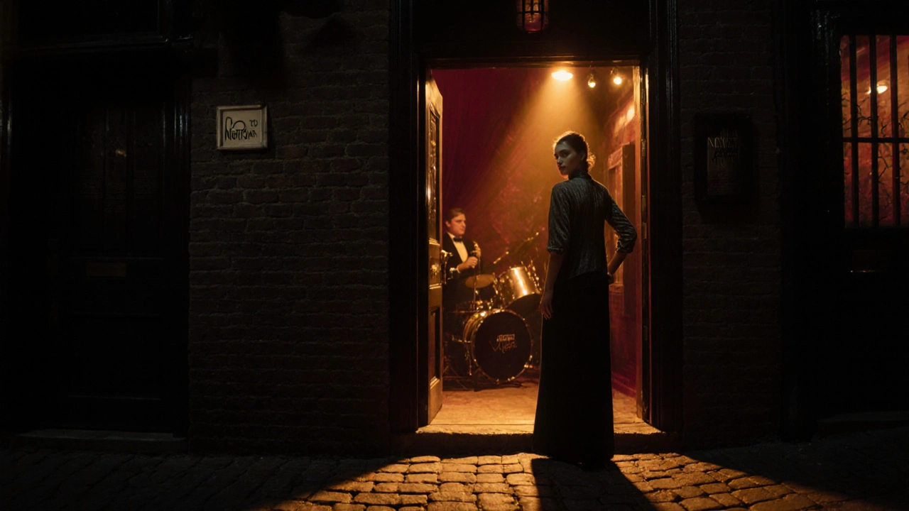 A woman hesitating at the entrance of a hidden speakeasy with warm light spilling out.