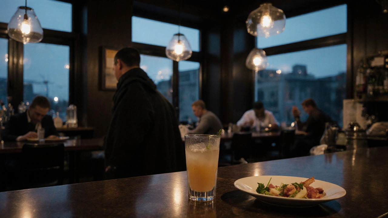 An empty bar after happy hour ends, with staff cleaning and one guest politely leaving with a mocktail and appetizer still on the table.