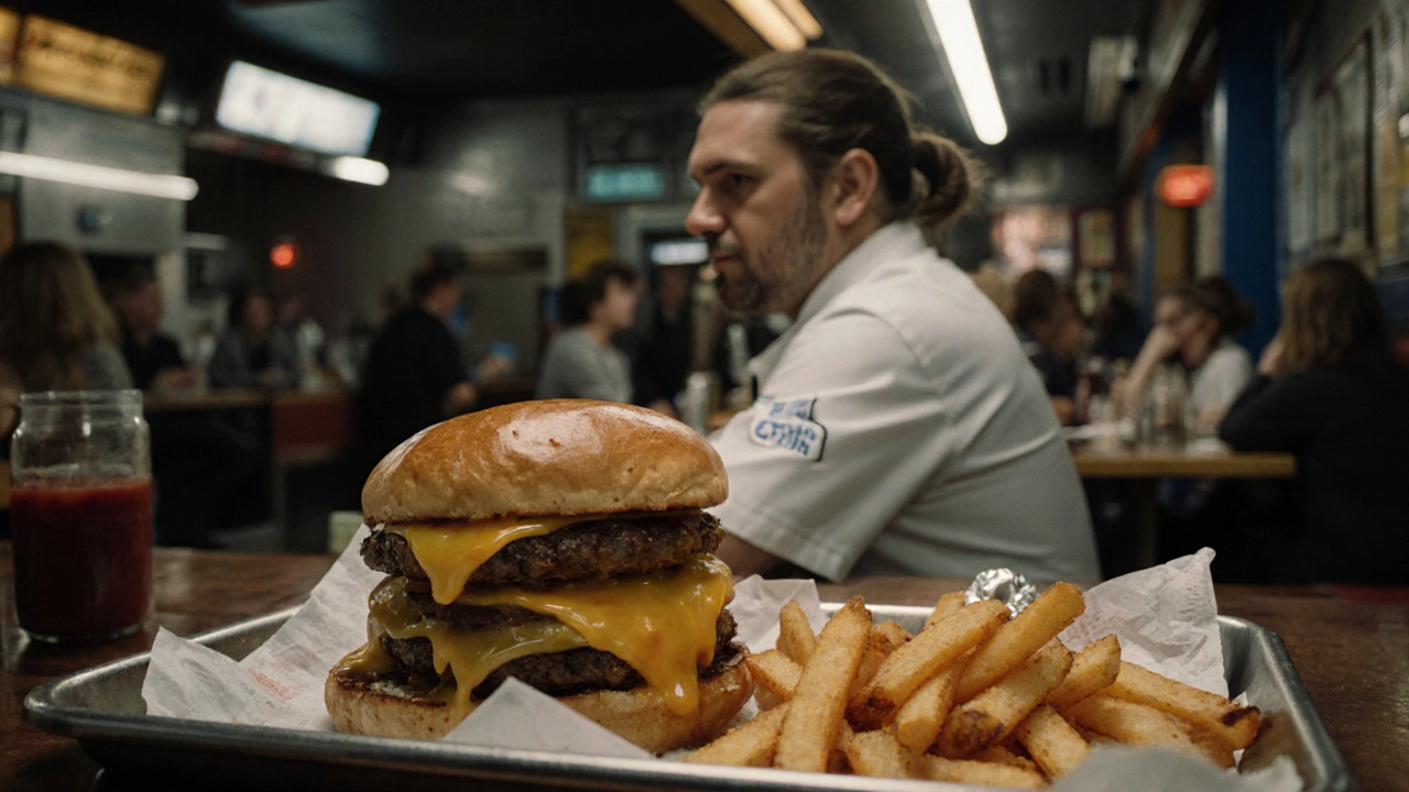 Chef enjoying a giant burger and fries at a late-night diner, messy and unstyled.