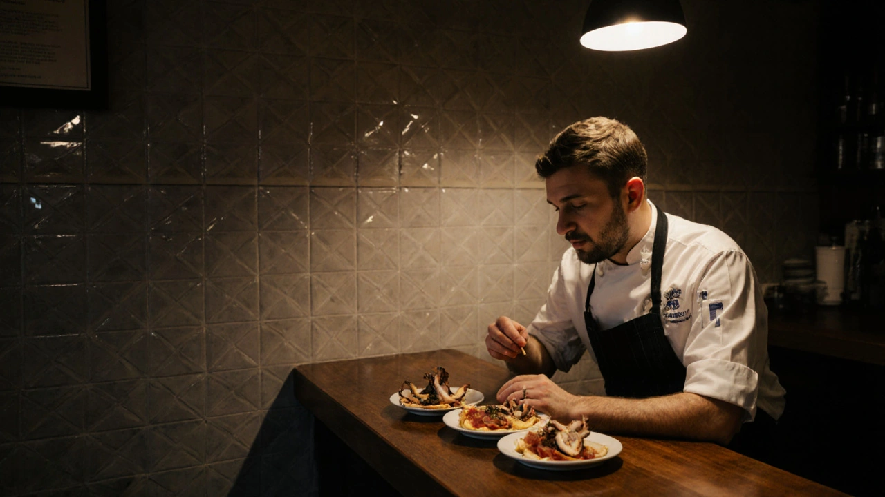 Chef silently eating Spanish tapas at a counter, simple plates under soft light.
