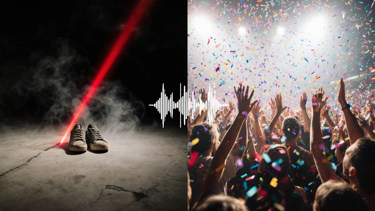 Contrasting scenes: minimalist basement ritual vs. vibrant arena celebration, united by sound waves.