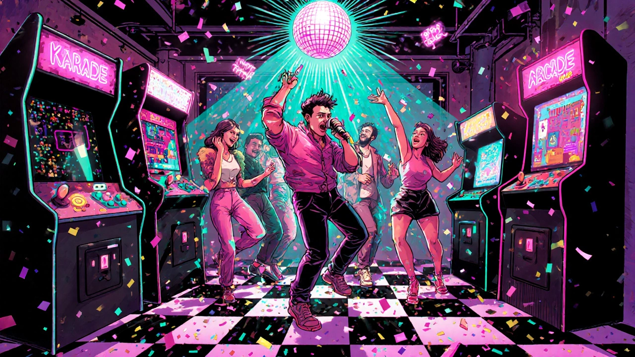 Crowd dancing and singing under neon lights and disco ball in a retro 80s arcade bar.