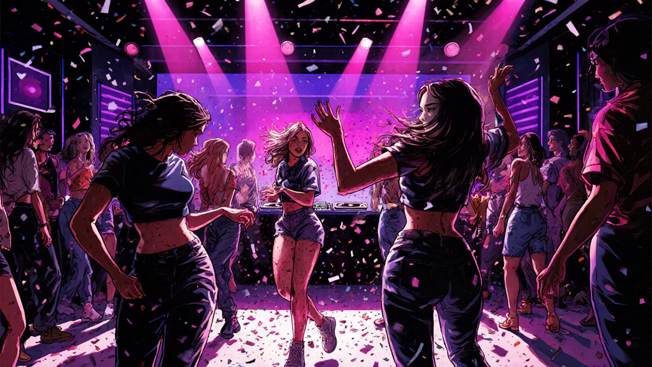 Crowd of women dancing in a neon-lit nightclub under pulsing lights with energetic motion.