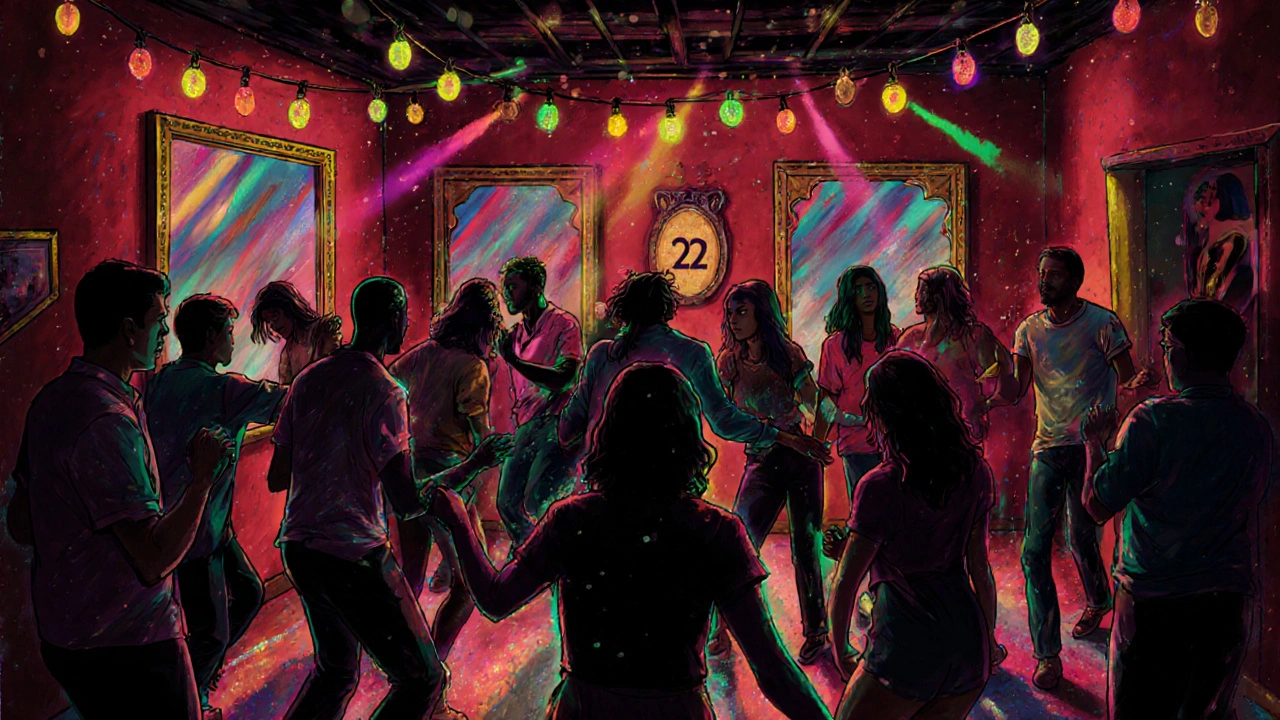 Dancers under glitter and colored lights in Bar 22&#039;s basement club.