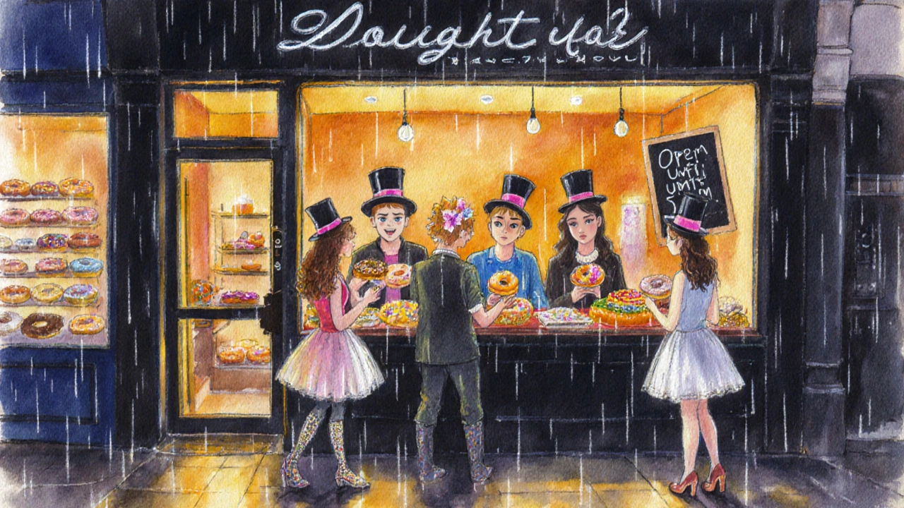 Friends eating colorful doughnuts outside a late-night shop on a rainy London street.