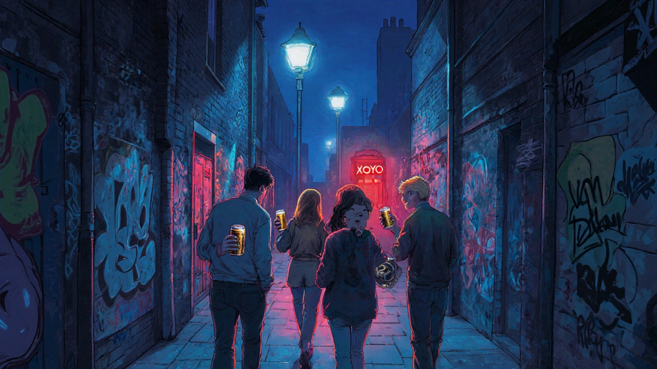Friends walking with canned beer through a graffiti-lined Shoreditch alley toward XOYO.