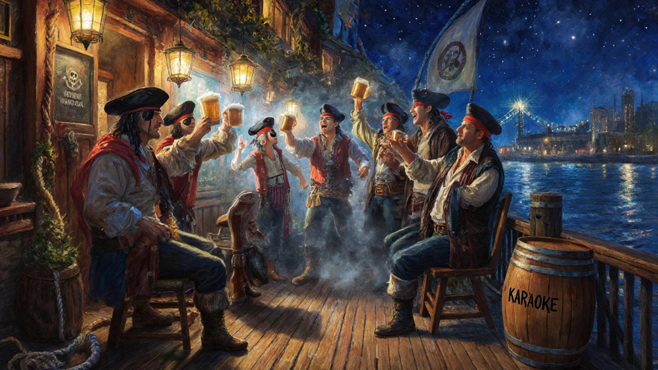 Group singing sea shanties in a pirate pub with lanterns, rum barrels, and foggy river backdrop.