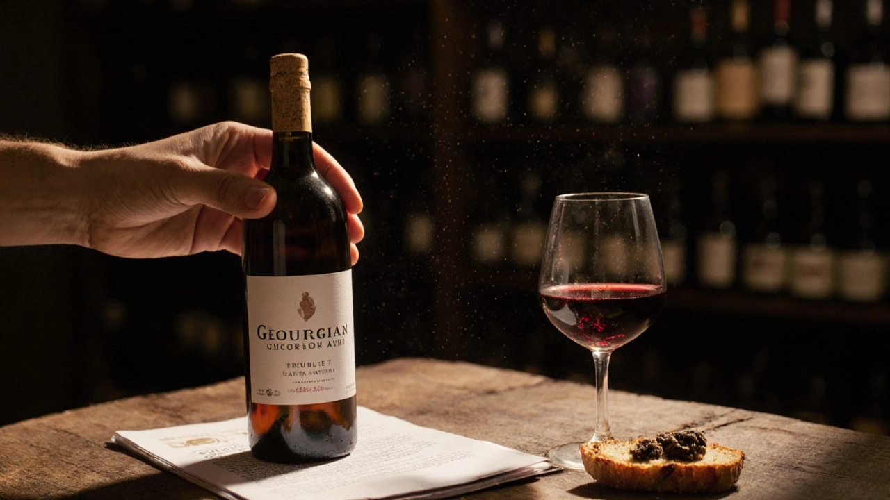 Hand placing a Georgian wine bottle on a wooden table with tasting notes and food.