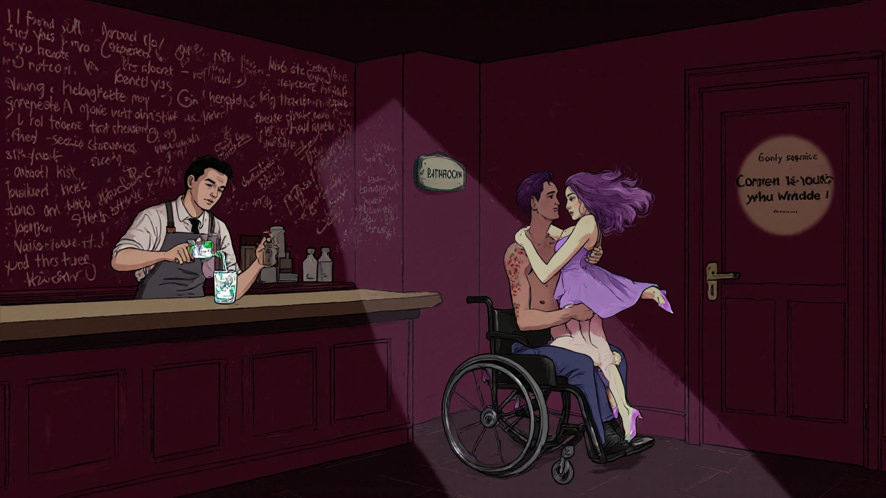 Handwritten notes on burgundy walls, a bartender pouring a drink, and dancers connected under soft lighting in an intimate queer space.