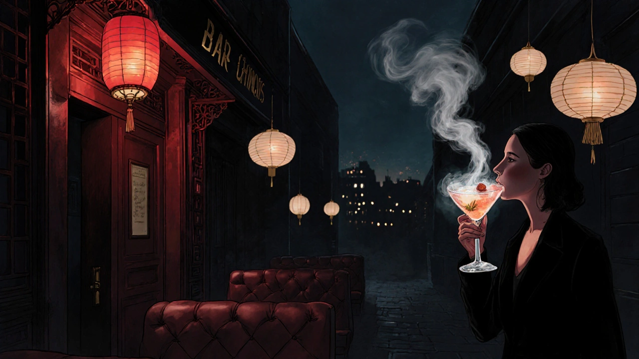 Hidden Bar Chinois with smoke rising from a cocktail, glowing lanterns and velvet booths in a quiet Camden alley.