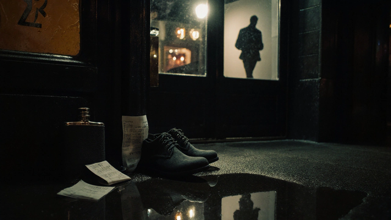 Lone shoes and flask outside a nightclub, reflecting regretful solitude.