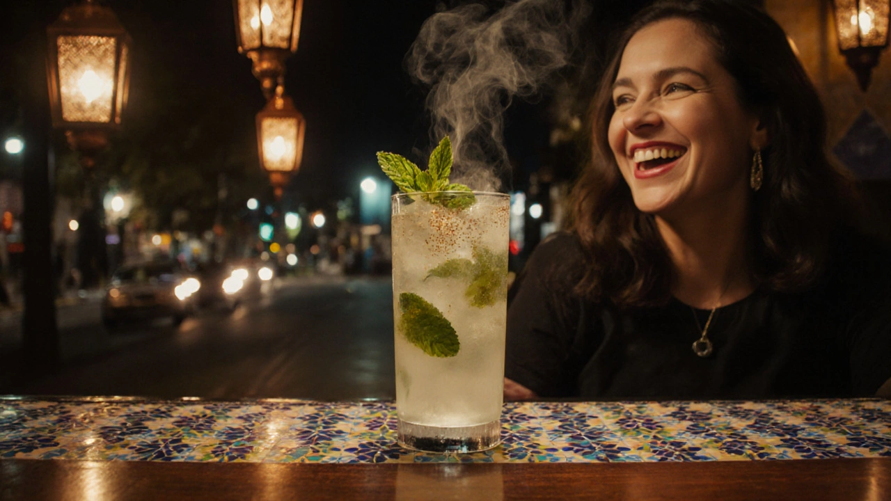 Mint lemonade at The Palomar with gold dust and Moroccan tiles in background.