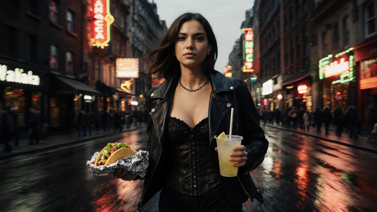 Person walking with a taco and margarita in Soho, dressed for a themed event.