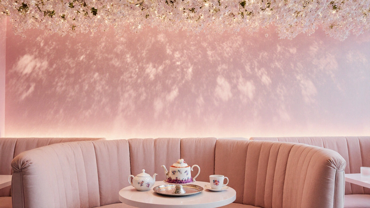 Pink room at Sketch with tea cake on porcelain tray surrounded by glass flowers.