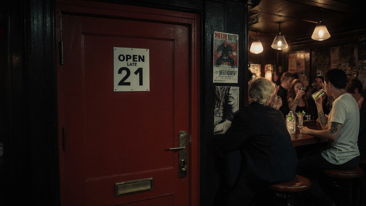 Red door of Bar 21 across from Ministry of Sound, patrons enjoying drinks in a dim, flyer-covered interior.