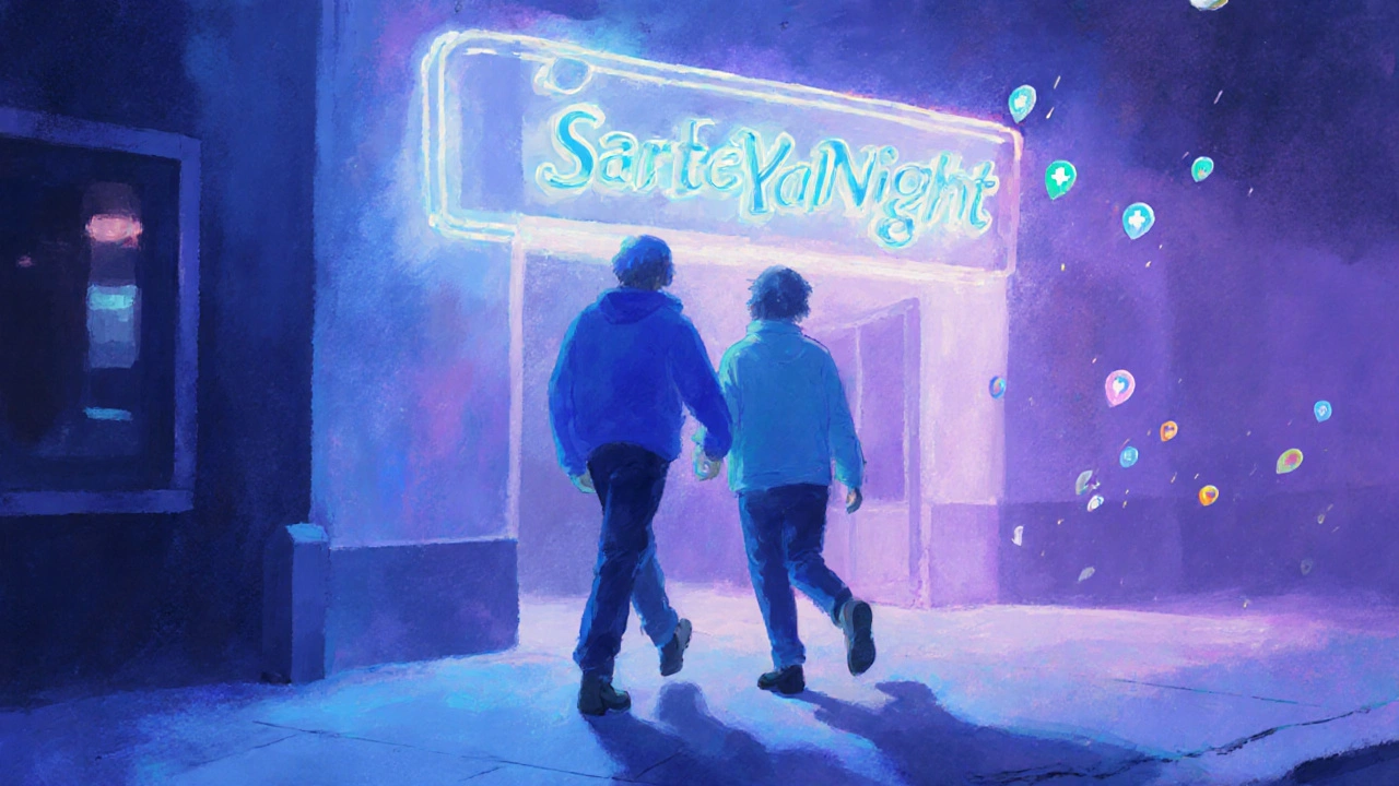 SafeNight volunteer walking with a queer person at night, symbolic pronoun pins floating nearby.