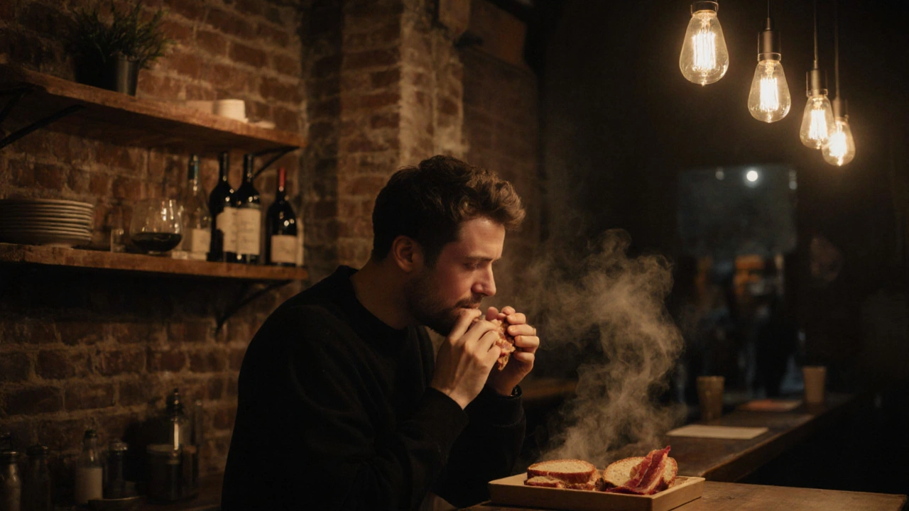 Someone eating a bacon sandwich at St. John Bread and Wine before a night out.