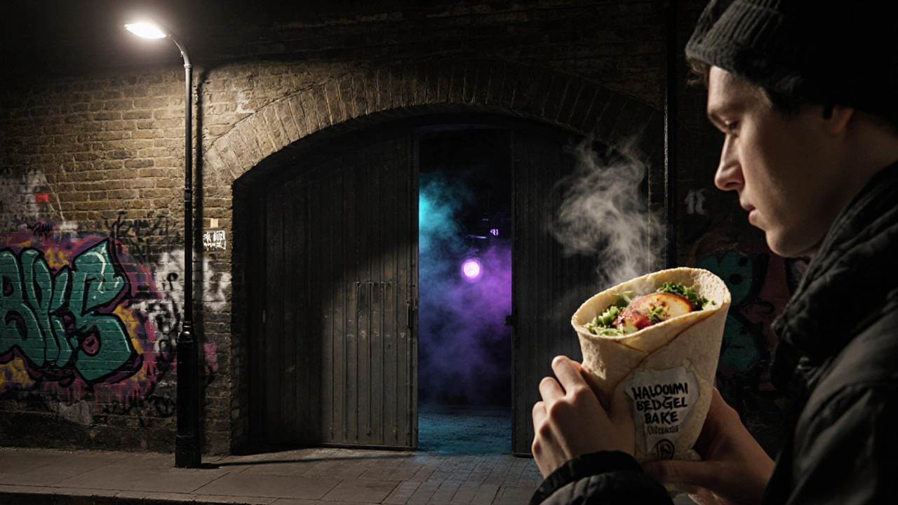 Someone eating a halloumi wrap outside the hidden entrance to Village Underground.