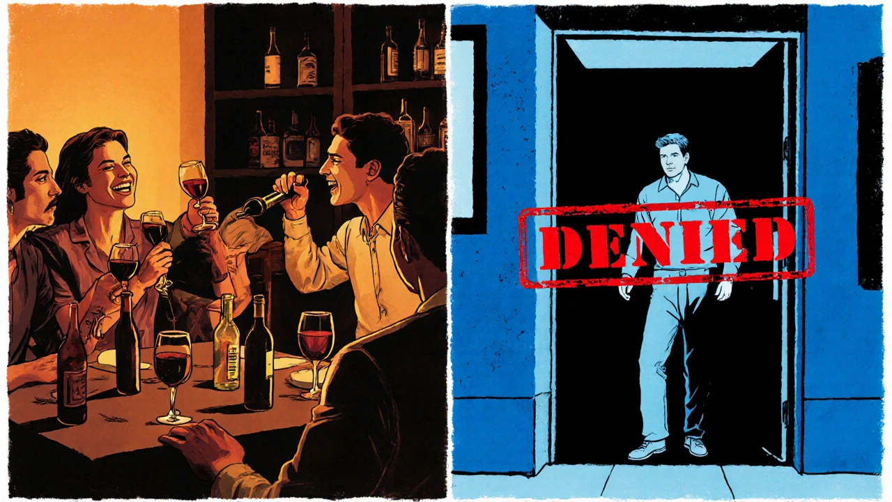 Split image: drinking at home vs. being turned away from a club.