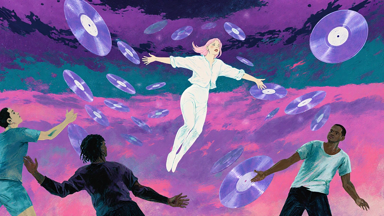 Surreal visualization of layered music genres swirling around dancers in a dreamlike, abstract color explosion.