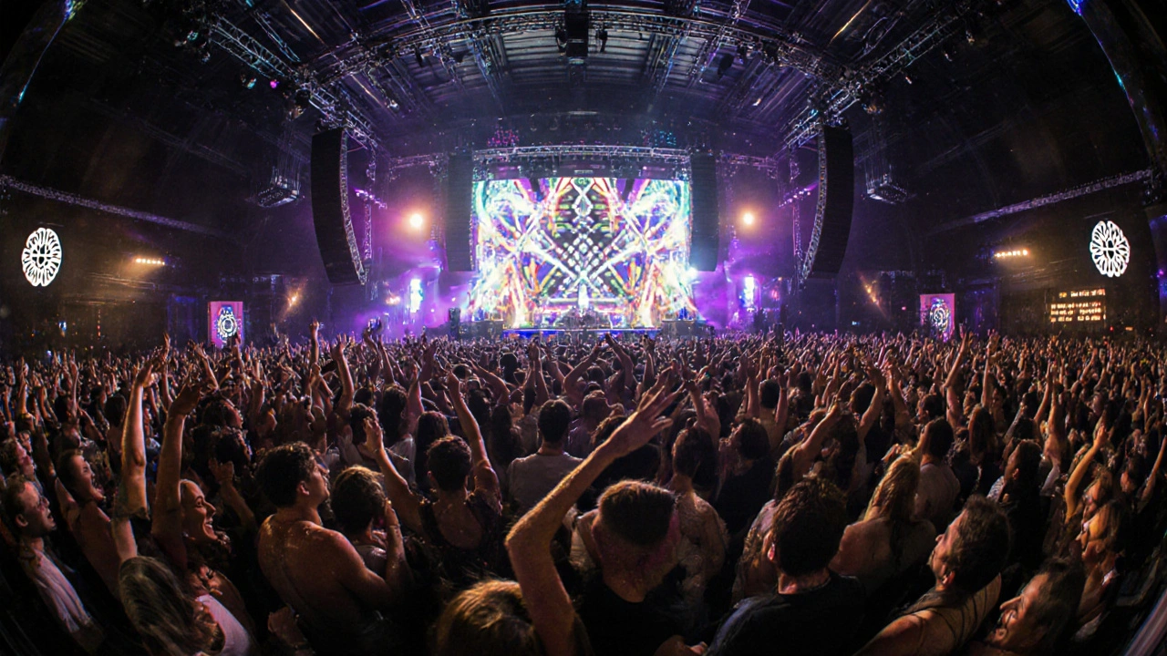 Thousands dancing in Ministry of Sound&#039;s main room under vibrant lights, energy radiating from the crowd.