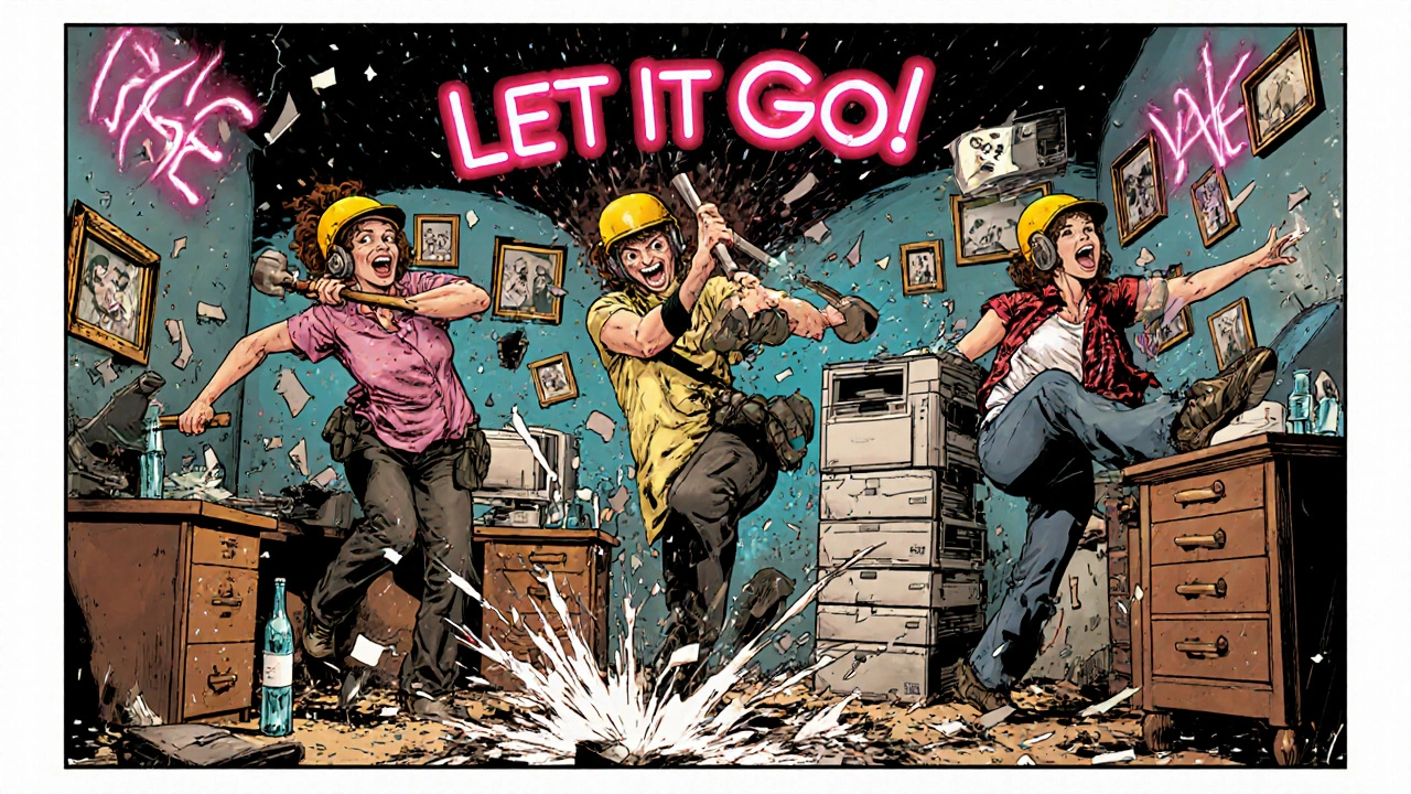 Three women joyfully destroying office-themed items in a vibrant, comic-style rage room scene.
