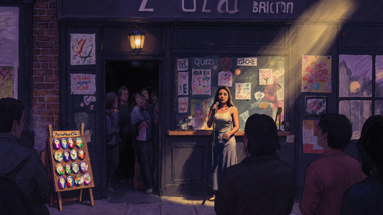 Trans woman hosting open mic night at Bar Zuzu, surrounded by queer art and warm lighting.