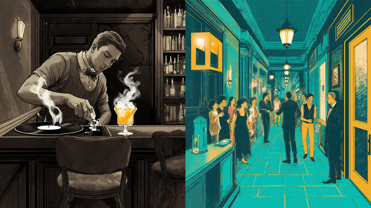 Two contrasting bar scenes side by side: intimate underground speakeasy and vibrant street-level lounge.