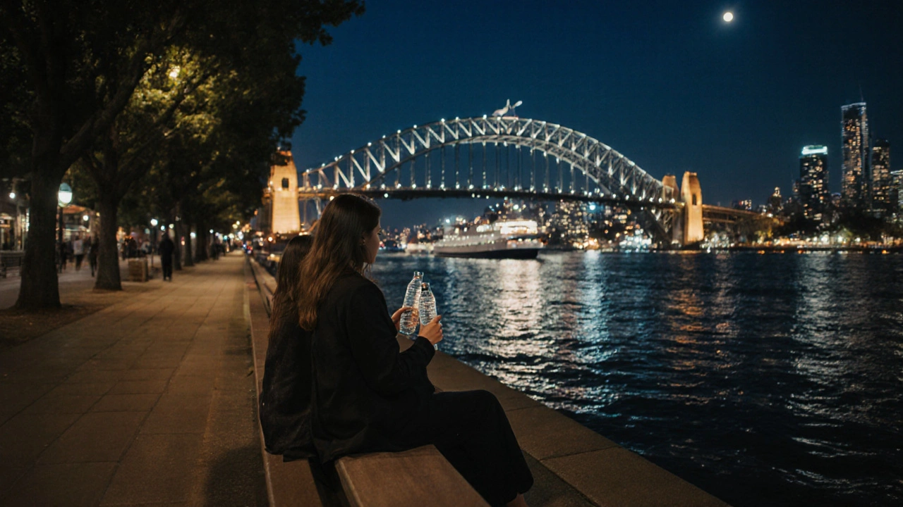 Two friends sitting on a riverside bench at night, reflecting bridge lights on calm water.