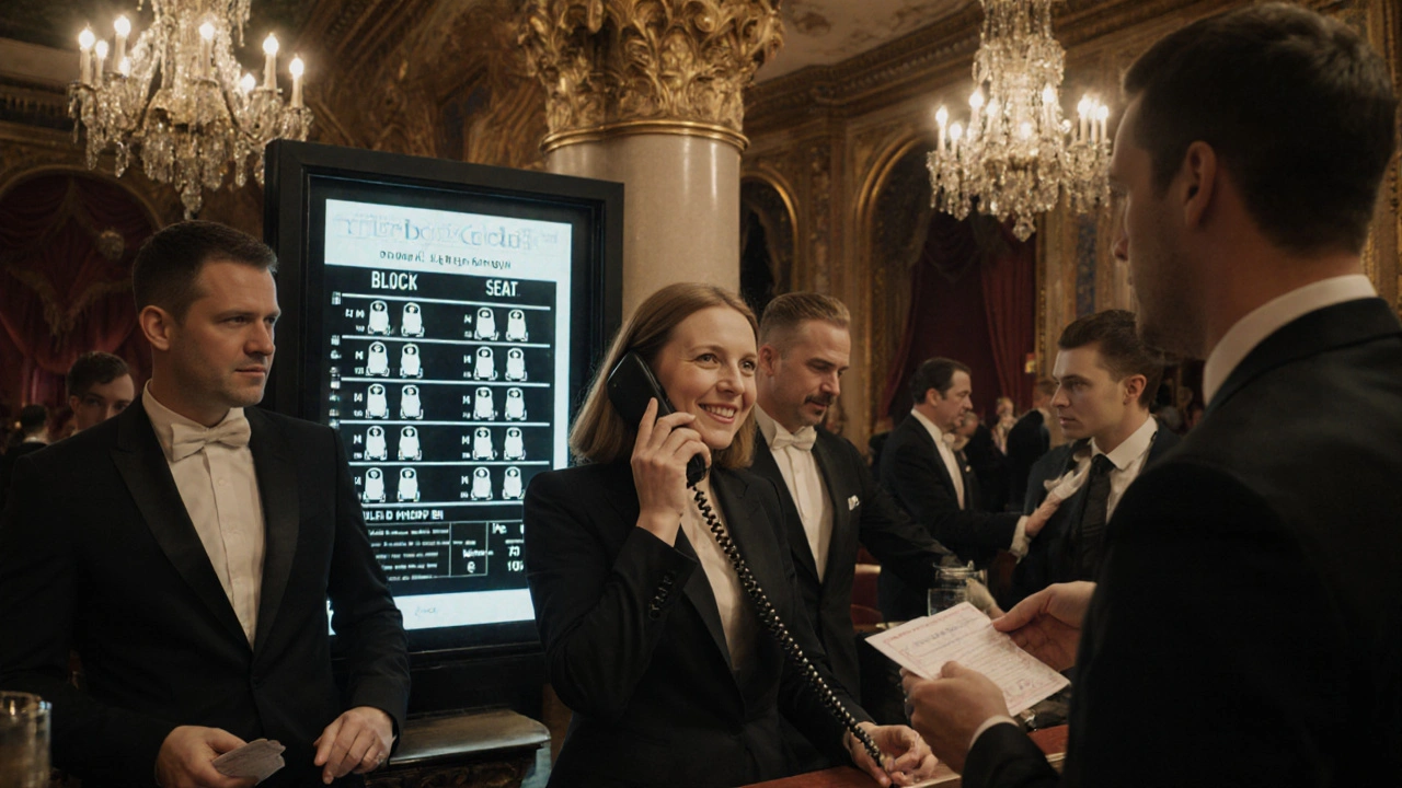 Woman booking group tickets at a West End box office with a digital seat map in the background.