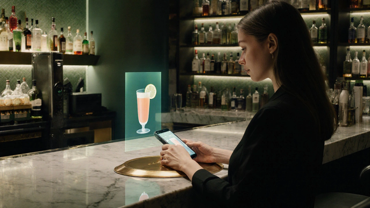 A customer ordering a drink via touchscreen at a sleek, tech-integrated bar.