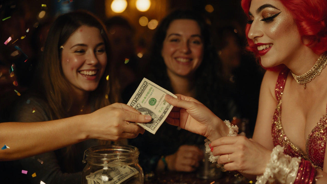 A drag performer accepts a cash tip gently from an audience member during a show.