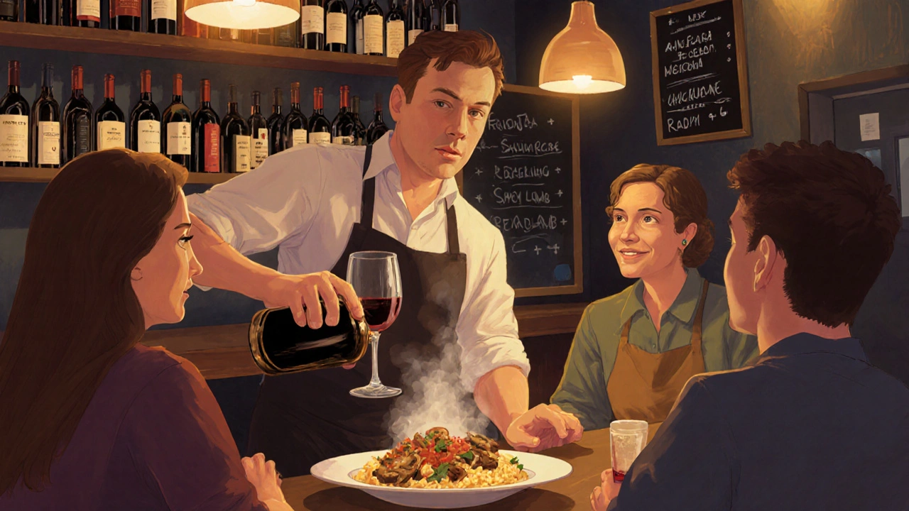 A friendly staff member explaining a wine pairing with mushroom risotto at a lively London wine bar.