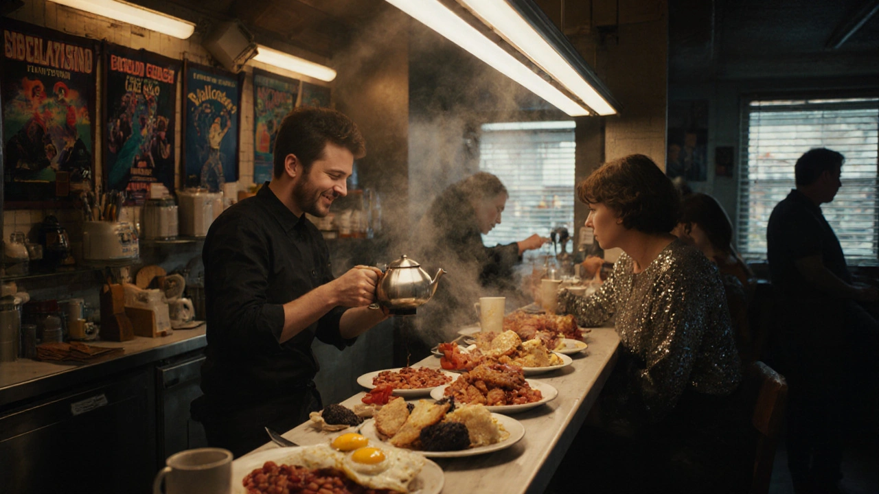A full English breakfast is served at a lively Soho diner just before dawn.