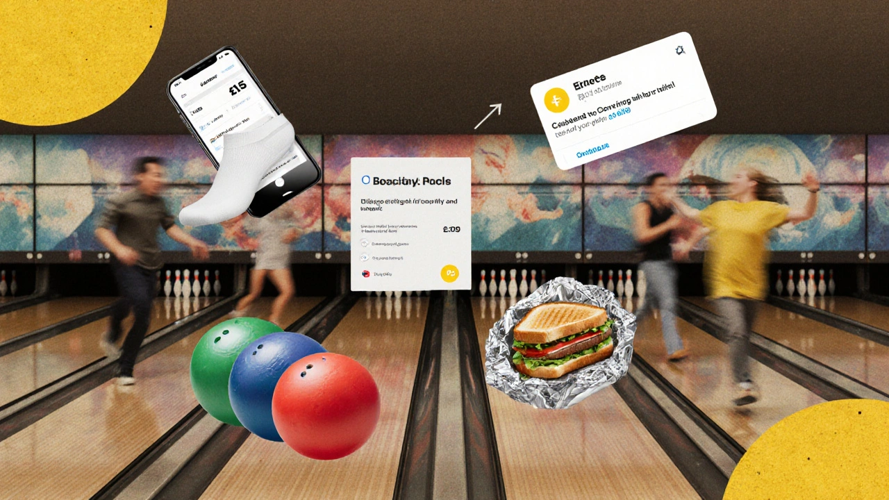 A £15 bowling budget visualized with socks, phone, balls, sandwich, and cashback app over a lane.