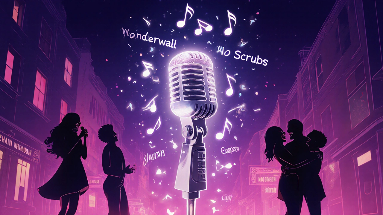 A glowing microphone hovers above floating song fragments and silhouettes of joyful singers in a dreamy 90s karaoke haze.