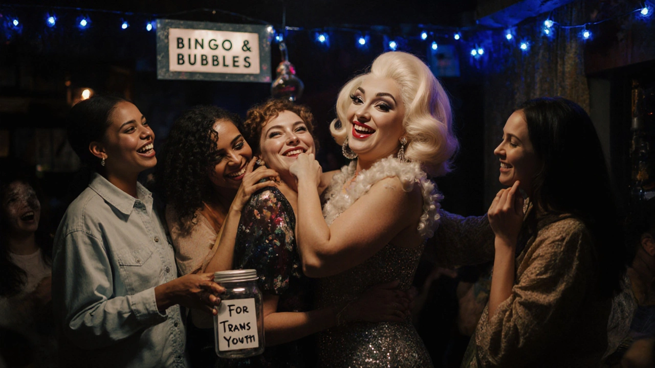 A group of women hugging a drag performer while holding a donation jar for a queer charity.