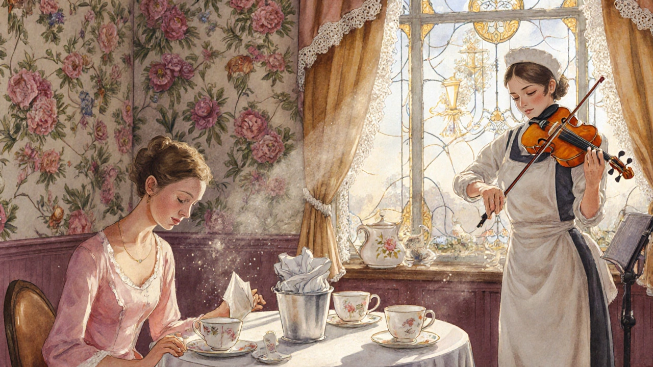 A guest places a napkin in a bin at a Victorian tea house as a violinist plays nearby.