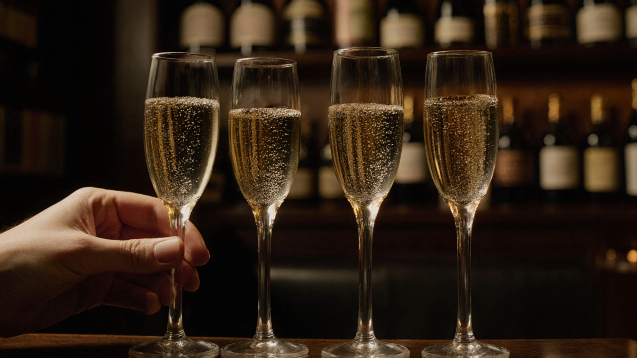 A hand lifting a champagne glass in a cozy bar, showing fine bubbles and warm candlelight reflecting off the liquid.