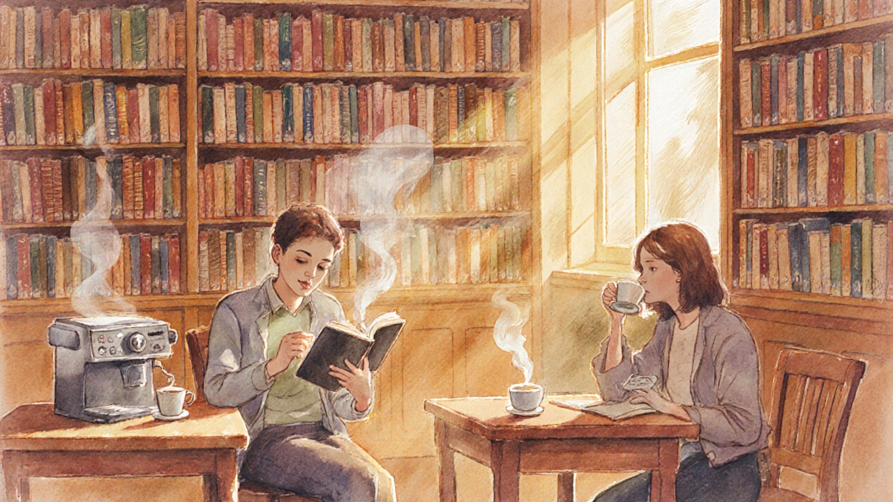 A peaceful evening at The Little Bookshop, someone reading a book while sipping tea among shelves of novels.
