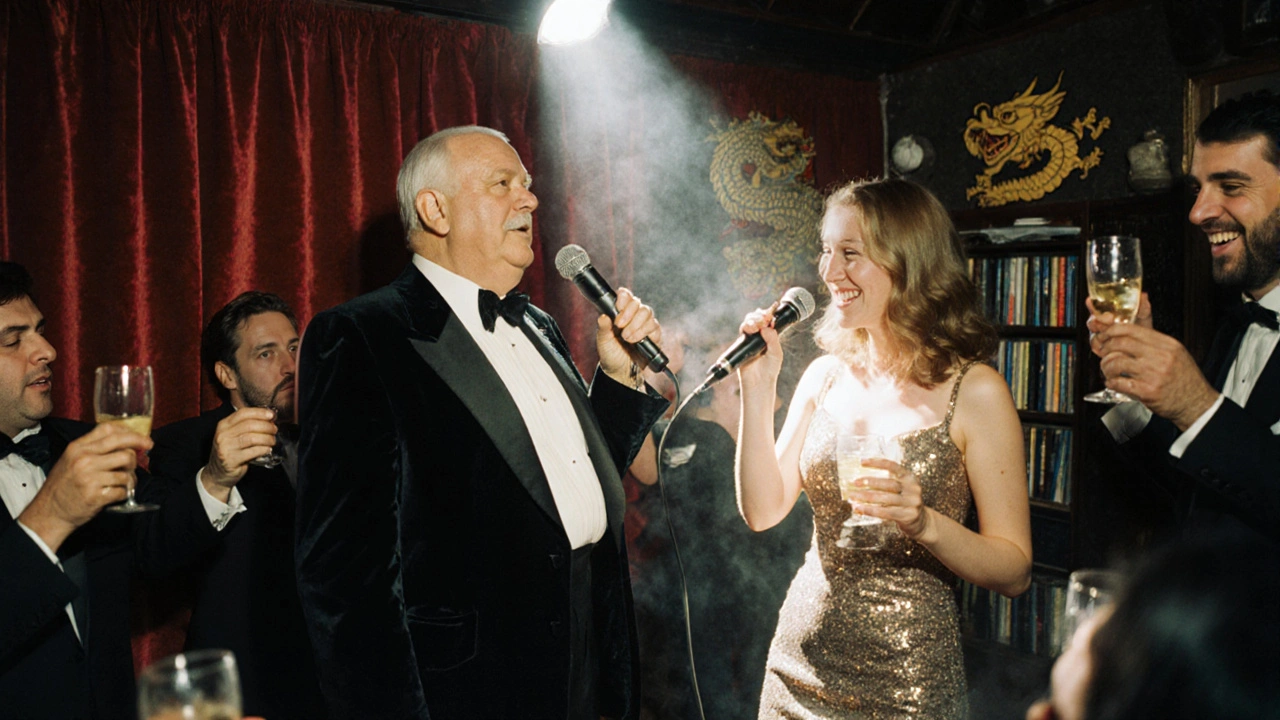 A performer duets with a glitter-clad singer under a spotlight at Whisky Mist, surrounded by cheering crowd and silk dragon decor.