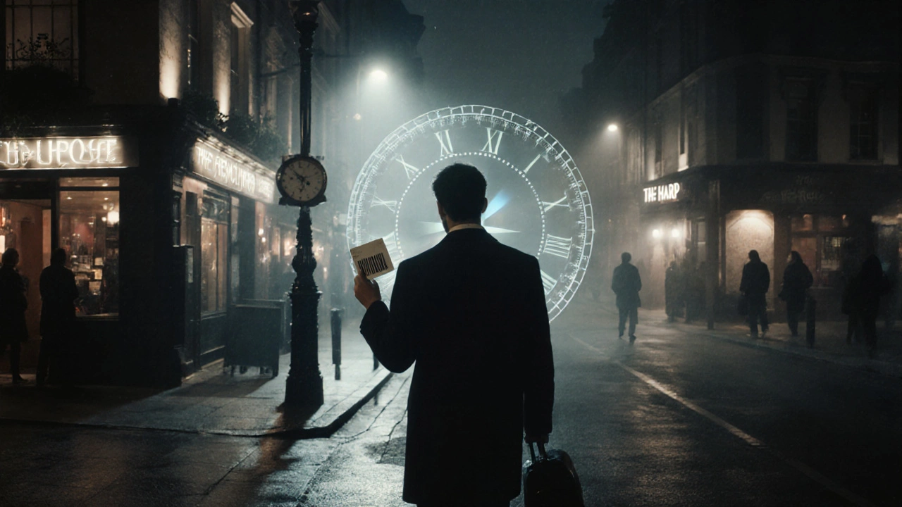 A person walking between two Soho bars at night with a printed access card in hand.