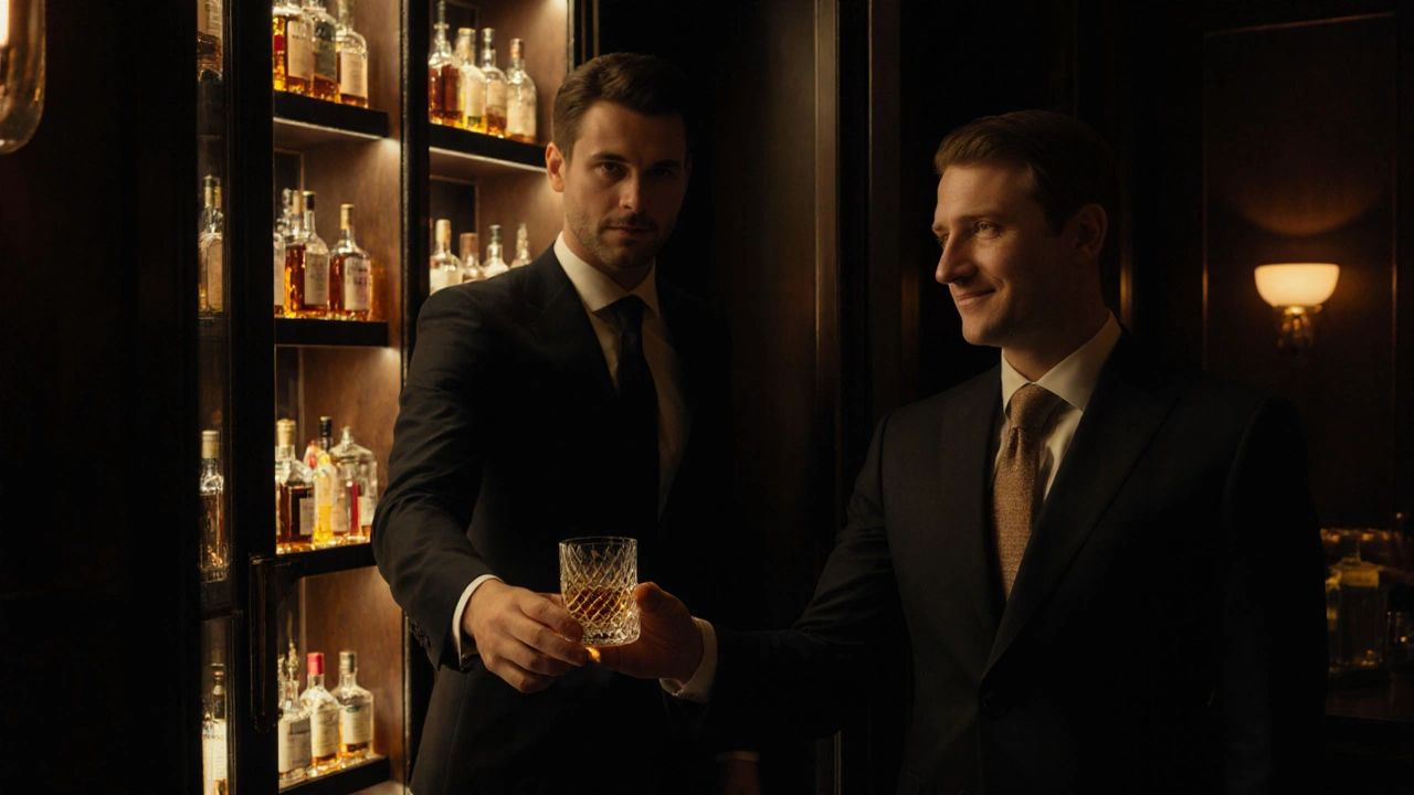 A preferred guest being offered a rare whiskey in a hidden bar cellar, vintage bottles visible behind them.