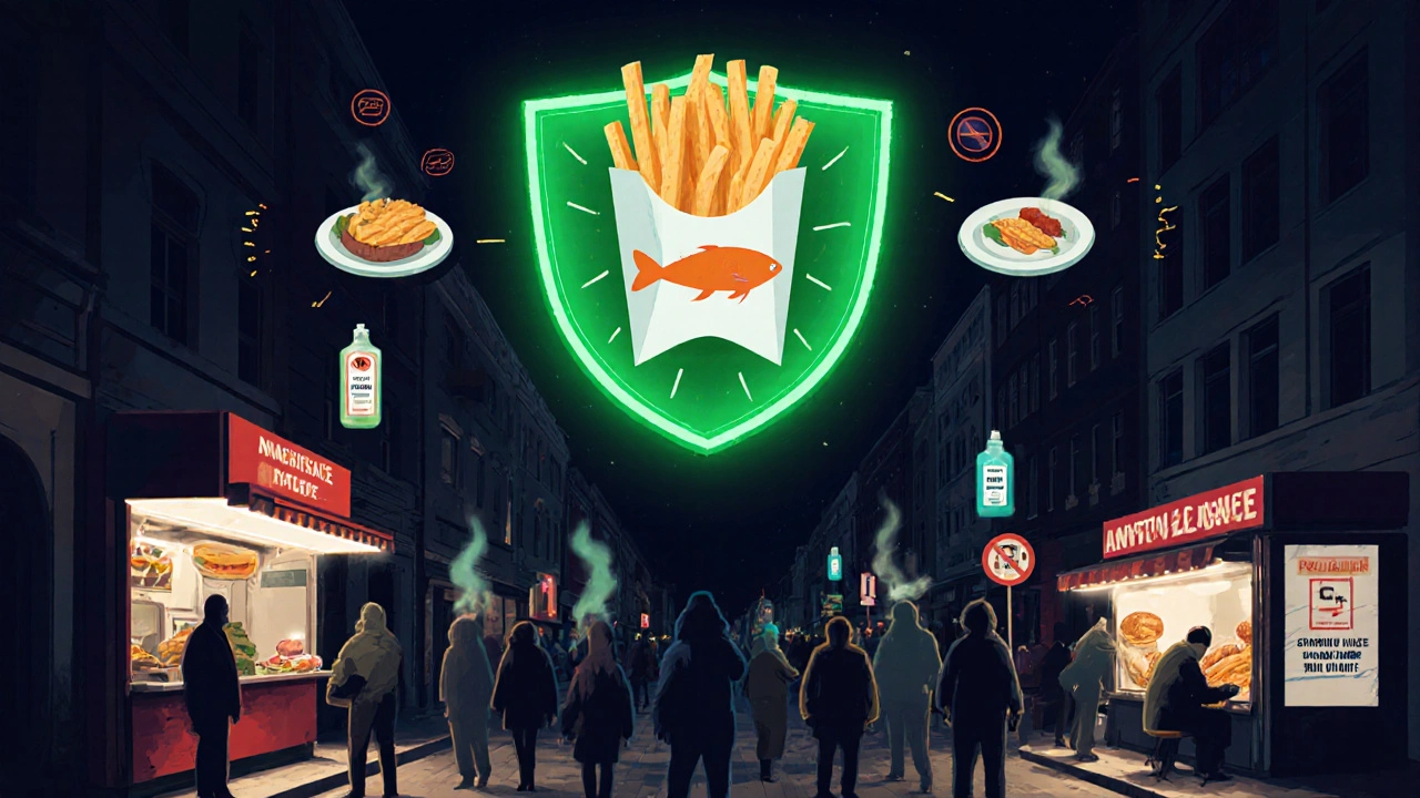 A protective green shield shields safe food stalls from shadowy unsafe vendors in a London night scene.